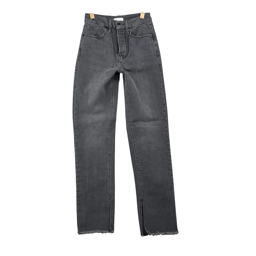 Good American Straight Jeans Women 0/25 Black Raw Hem High Rise Denim Grunge 90s